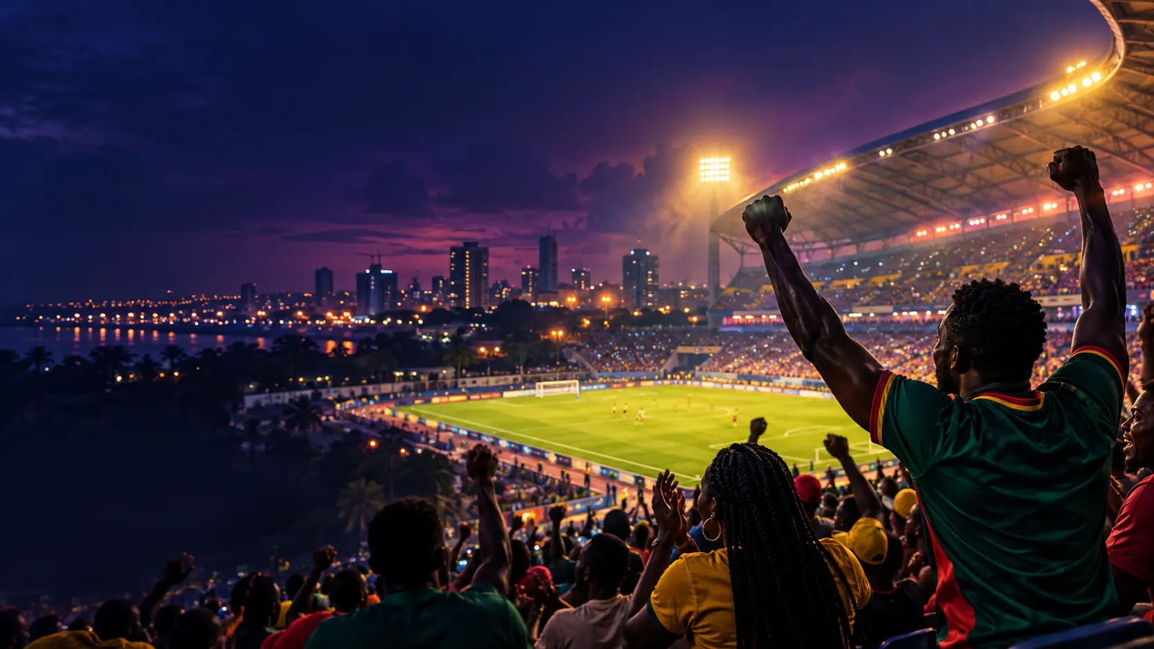 Illustration éditoriale de supporters adultes dans un stade camerounais de nuit