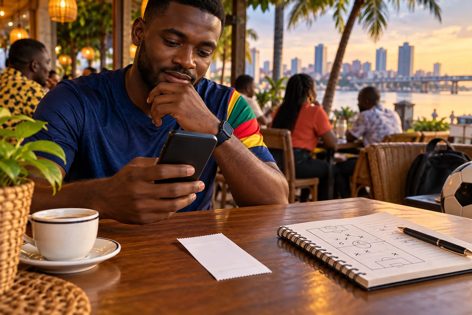Illustration éditoriale d’un téléphone et d’un carnet d’analyse football au Cameroun